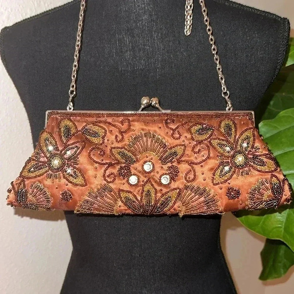 Women’s Coco Brown Rhinestone Iridescent Beads Evening Bag Purse Clutch - Picture 3 of 12